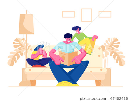 Happy Family Spending Time at Home Together, Parents with Kid, Father Reading Book, Mother and Daughter Sitting on Sofa 67402416