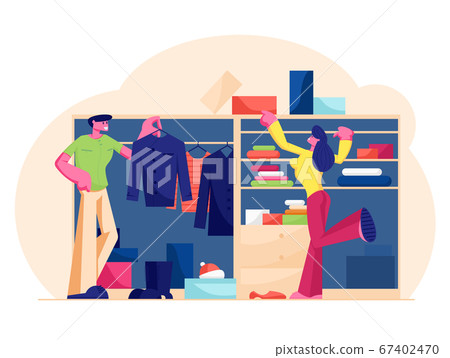 Couple of Man and Woman Stand at Wardrobe at Home Choosing Dress and Footwear Hanging and Lying on Shelves for Going Out. Domestic Storage and Organize Clothes System Cartoon Flat Vector Illustration Couple of Man and Woman Stand at Wardrobe at Home Choosing Dress and Footwear Hanging and Lying on Shelves for Going Out. Domestic Storage and Organize Clothes System Cartoon Flat Vector Illustration 67402470