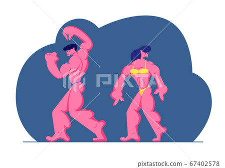 Bodybuilders Male and Female Characters Posing on Stage. Man and Woman with Huge Muscles and Sportive Athletic Body Making 67402578