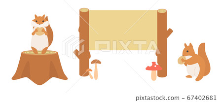 Illustration of a squirrel with walnuts and a wooden signboard (landscape) Illustration of a squirrel with walnuts and a wooden signboard (landscape) 67402681