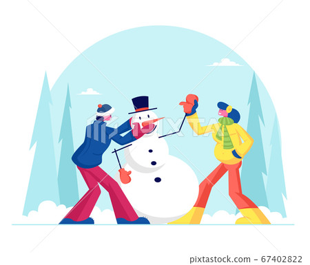 Young Man and Woman in Warm Clothing Making Funny Snowman on Snowy Landscape Background. Winter Time Outdoor Activity. People Playing on Christmas Holidays Vacation. Cartoon Flat Vector Illustration 67402822