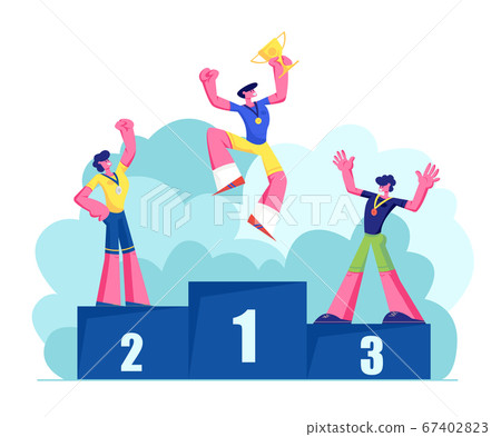 Happy Athletes on Winners Podium with Medals and Cup. Male Characters Sportsmen Stand on Win Pedestal. Victory, Sport Lifestyle 67402823