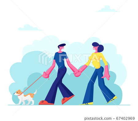 Loving Couple Walking with Dog, Holding Hands - Stock Illustration ...