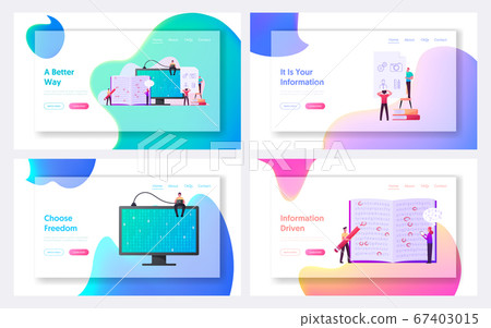 Information Coding Landing Page Template Set. Tiny Characters at Huge Computer Monitor with Binary Code 67403015
