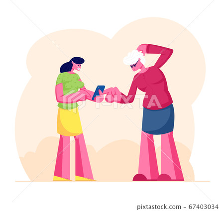 Young Woman Telling Grandmother How to Use Internet on Gadgets. Aged Lady Learning New Technologies for Communication. Granny Study to Use Smartphone or Mobile Phone. Cartoon Flat Vector Illustration 67403034