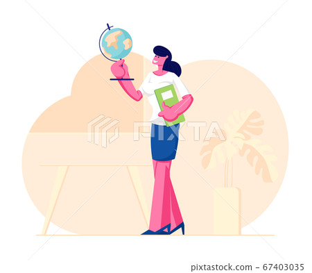 Geography Teacher Woman Character Holding Globe and Class Journal Stand on Classroom Background with Table, Blackboard Geography Teacher Woman Character Holding Globe and Class Journal Stand on Classroom Background with Table, Blackboard 67403035