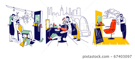 Male Characters at Street Barber, Beauty Service Stylist in Apron with Haircut Tools Cut Client Hair or Beard in Outdoor Barbershop, People in Gentlemanly Haircutting Salon. Linear Vector Illustration Male Characters at Street Barber, Beauty Service Stylist in Apron with Haircut Tools Cut Client Hair or Beard in Outdoor Barbershop, People in Gentlemanly Haircutting Salon. Linear Vector Illustration 67403097