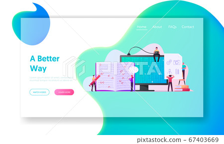Information Coding Landing Page Template. Tiny Characters at Huge Computer Monitor with Binary Code Information Coding Landing Page Template. Tiny Characters at Huge Computer Monitor with Binary Code 67403669