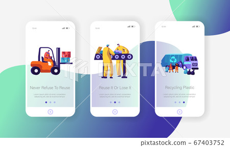 Garbage Recycling Eco Concept. Workers Collect Litter to Truck, Forklift. Metallurgy Factory Working Process Mobile App Page 67403752