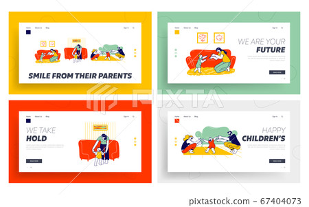 Baby First Step Landing Page Template Set. Mother and Father Characters Help to Child Walking. Parents Catch Little Kid Sit on Floor. Mom Holding Kids Hands to Walk. Linear People Vector Illustration 67404073