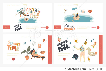 Pool Party Relax, Swim and Drink Summer Activity Landing Page Template Set. Characters in Swimming Pool 67404100