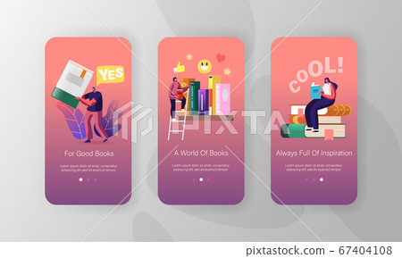 Reading and Education Mobile App Page Onboard Screen Template. Tiny Characters on Shelf with Huge Books Reading and Education Mobile App Page Onboard Screen Template. Tiny Characters on Shelf with Huge Books 67404108