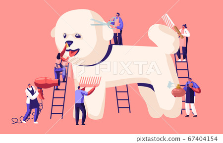 Pet Hair Salon, Styling and Grooming Shop, Pet Store for Dogs. Tine Characters on Ladders Care of Cute Puppy at Groomer Salon Pet Hair Salon, Styling and Grooming Shop, Pet Store for Dogs. Tine Characters on Ladders Care of Cute Puppy at Groomer Salon 67404154