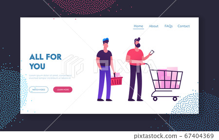 Queue in Store Website Landing Page. Customers Stand in Line at Grocery or Supermarket Turn with Shopping Trolley and Basket 67404369