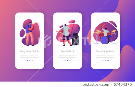 Men Artists Performing on Stage Mobile App Page Onboard Screen Set. Rock Band Playing Musical Instruments Guitar, Trumpet, Drums. Show Concept for Website or Web Page, Cartoon Flat Vector Illustration 67404370