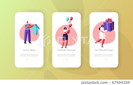 Baby Shower and Birthday Mobile App Page Onboard Screen Set. Cheerful People Holding Child Clothing, Balloons and Gifts for Newborn Concept for Website or Web Page, Cartoon Flat Vector Illustration 67404384