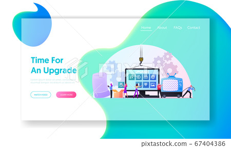Program Upgrading Landing Page Template. Tiny Characters at Huge Computer Monitor with App Buttons Upgrade Applications and Software, Throw Old Tv on Dump. Cartoon People Vector Illustration Program Upgrading Landing Page Template. Tiny Characters at Huge Computer Monitor with App Buttons Upgrade Applications and Software, Throw Old Tv on Dump. Cartoon People Vector Illustration 67404386