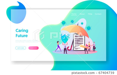 Coronavirus Insurance Landing Page Template. Tiny Characters Signing Health Policy under Huge Umbrella 67404739