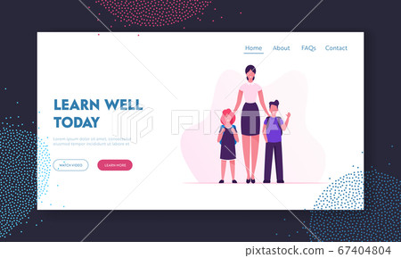 Pupils and Teacher in Classroom Website Landing Page. Back to School Concept with Young Woman Pedagogue and Children in Class. Education and Studying Web Page Banner. Cartoon Flat Vector Illustration 67404804
