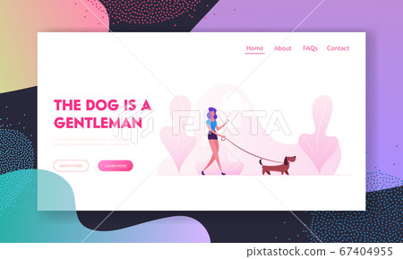 Woman Walking with Dog Website Landing Page. Character Spending Time with Dachshund Pet in Park Relaxing. Leisure with Puppy 67404955