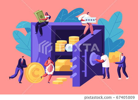 Business People around of Bank Safe Full of Money and Jewelry. Idea of Investment and Safety, Tiny Men and Women Characters 67405809