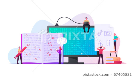 Information Coding Concept. Tiny Male and Female Characters at Huge Computer Monitor with Binary Code Information Coding Concept. Tiny Male and Female Characters at Huge Computer Monitor with Binary Code 67405821