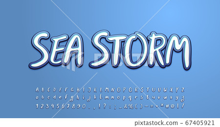 Sea storm alphabet white and gray-blue colors. Uppercase and lowercase letters, numbers, symbols. Vector illustration 67405921