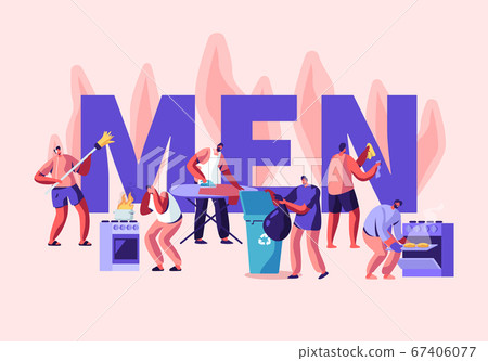 Men at Household Activities Concept. Sweeping Floor, Cleaning Home, Ironing, Throw Garbage, Cooking. Housekeeping Duties Men at Household Activities Concept. Sweeping Floor, Cleaning Home, Ironing, Throw Garbage, Cooking. Housekeeping Duties 67406077
