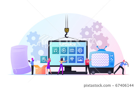 Program Upgrading Concept. Tiny Male and Female Characters at Huge Computer Monitor with App Buttons Upgrade Applications and Software, Throw Old Tv on Dump. Cartoon People Vector Illustration 67406144
