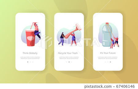 People Characters Use Plastic Packaging Mobile App Page Onboard Screen Set. No Plastic Packs, Reduce Plastic Waste, Ecology 67406146