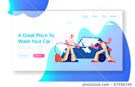 Car Wash Service Website Landing Page. Workers Wearing Uniform Lathering Automobile with Sponge and Pouring with Water Jet. Cleaning Company Working Web Page Banner. Cartoon Flat Vector Illustration 67406340