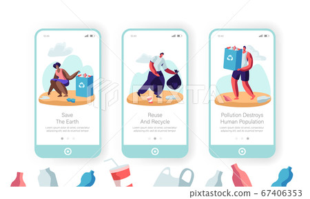 Environmental Pollution Problem Mobile App Page Onboard Screen Set Multiracial Volunteers Pick Up Litter in Bags with Recycle Sign 67406353