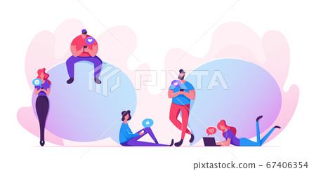 Young Men and Women with Smartphones, Laptops and Gadgets Chatting, Texting, Walking. Communicating People Crowd Using Internet 67406354