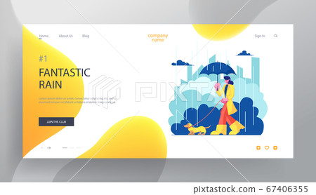 Woman Character in Cloak and Boots Walk with Dog at Rainy Weather , Girl Spend Time with Pet Outdoors. Relax, Leisure, Animals 67406355