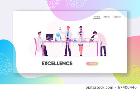 Chemistry, Pharmaceutical Science Website Landing Page. Scientists in Chemical Laboratory with Equipment as Computer, Microscope and Flasks Research Web Page Banner. Cartoon Flat Vector Illustration 67406446