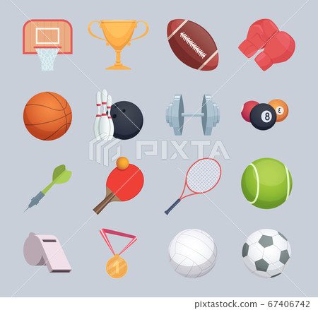 Sport equipment. Balls hockey or golf stick fitness exercise equipment rackets vector cartoon illustrations Sport equipment. Balls hockey or golf stick fitness exercise equipment rackets vector cartoon illustrations 67406742