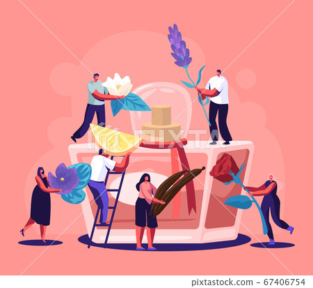 Male and Female Perfumer Characters Create New Perfume Fragrance. Tiny People Bring Ingredients to Huge Sprayer Bottle 67406754