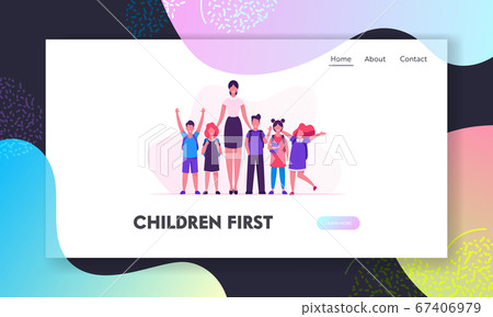 Schoolkids and Pedagogue in Classroom Website Landing Page. School Kids Neatly Lined Up in One Row Together with their Teacher, Back to School Concept Web Page Banner. Cartoon Flat Vector Illustration 67406979