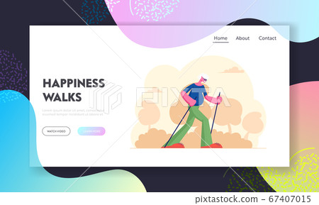 Old Man Morning Sports Exercise Website Landing Page. Senior Gentleman Engaged Outdoors Fitness Class in City Park Walking with Scandinavian Sticks Web Page Banner. Cartoon Flat Vector Illustration 67407015