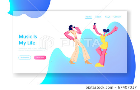 Excited Young Girls with Microphones Performing on Karaoke Party. Happy Women Singing, Music, Happy Life Moments, Weekend 67407017