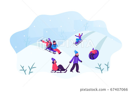 Happy Children Having Fun Sledding on Tubing and Sleds Downhill During Winter. Christmas and New Year Holidays. Wintertime Outdoors Activity Vacation Spare Time. Cartoon Flat Vector Illustration 67407066
