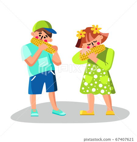 Children Eating Boiled Corn Vegetable Food Vector 67407621