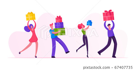 Happy People Carry Gift Boxes Walking in Row. Male and Female Characters Hurry for Great Christmas Sale. Men Women Buying Presents for Family and Friends on Holidays Cartoon Flat Vector Illustration 67407735