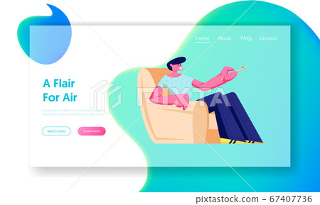 Man Sit in Armchair at Home with Remote Control for Conditioner or Tv Set , Character Using Domestic Technique, Climate Control 67407736