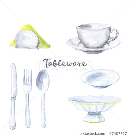 watercolor set of drawings - kitchen utensils, cup, fork, knife, spoon, plate napkin holder 67407737