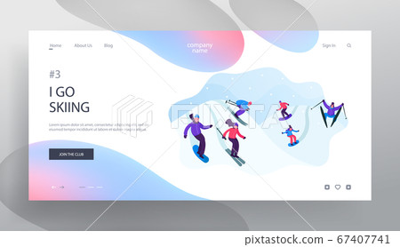 Website Landing Page. People in Winter Clothing Skiing and Snowboarding. Riders Having Fun and Winter Mountain Sports Activity. Resort Sport Spare Time Web Page Banner Cartoon Flat Vector Illustration 67407741