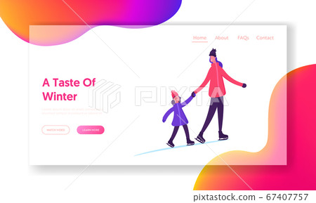 Outdoor Skating Activity Website Landing Page. Happy Family of Mother and Daughter Holding Hands Spend Time Together in Park Having Winter Time Fun Web Page Banner. Cartoon Flat Vector Illustration 67407757