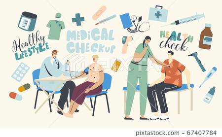 Patients Characters at Medical Checkup. Woman Sitting with Doctor Listening Heart Beating, Consultation with Medic Specialist. Practitioner Measuring Blood Pressure. Linear People Vector Illustration Patients Characters at Medical Checkup. Woman Sitting with Doctor Listening Heart Beating, Consultation with Medic Specialist. Practitioner Measuring Blood Pressure. Linear People Vector Illustration 67407784