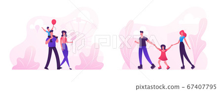 Family Weekend Leisure and Sport Spare Time. Mother, Father and Little Child Walking at City Street. Son Sitting on Father Shoulders, Roller Skating Activity in Park. Cartoon Flat Vector Illustration 67407795