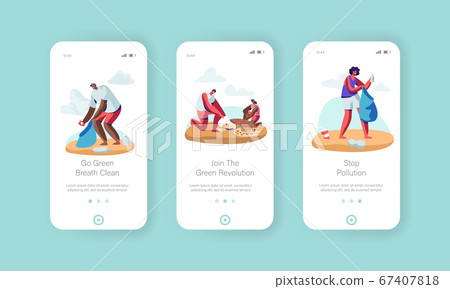 Volunteer People Cleaning Garbage on Beach Area and Saving Tortures Mobile App Page Onboard Screen Set , People Collect Trash 67407818